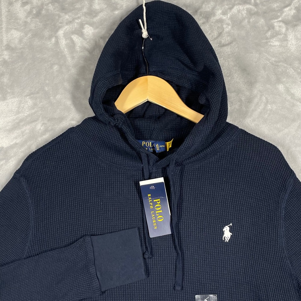 Polo Ralph Lauren Mens Waffle Knit Thermal Hoodie Aviator Navy Blue M NWT